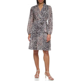 DKNY Women's Chiffon Long Sleeve Dress with Collar, BLK Multi, 6